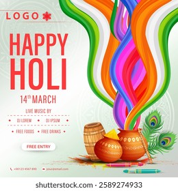 Happy holi festival poster template with holi powder color pots on white background. Vector illustration.