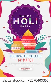 Happy holi festival poster template design with holi powder color pots on multicolor background. Vector illustration.