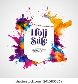 Feliz Festival de Holi Sale Banner Background Design con vibrantes salpicaduras de color