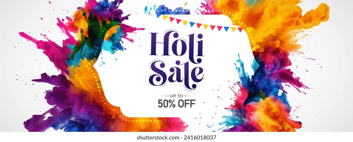 Happy Holi Festival Sale Banner Background Design with Vibrant Color Splashes