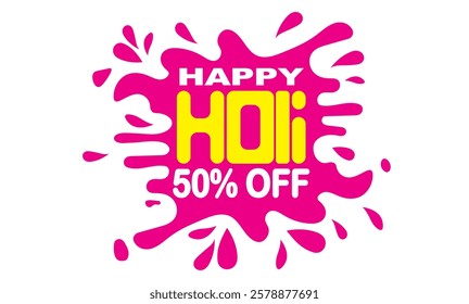 Happy Holi Festival Sale Banner, illustration of abstract colourful Happy Holi background with splash, poster indian Festival of Colours with 50% off offers. Sale social media feed template