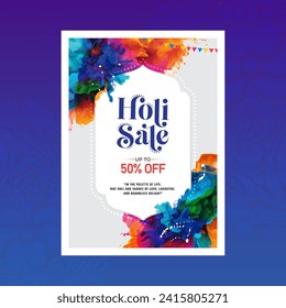 Happy Holi Festival Sale Poster Design Layout with Vibrant Color Splashes