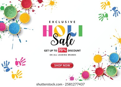 Happy Holi Festival Sale Poster Design Layout with Vibrant Color Splashes and color bowls.