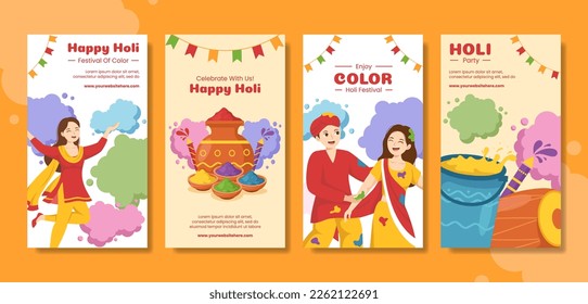 Happy Holi Festival Social Media Stories Flat Cartoon Hand Drawn Templates Illustration