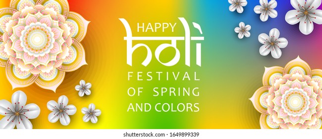 Happy Holi festival of spring and colors vector banner template with flowers and mandalas on rainbow background
