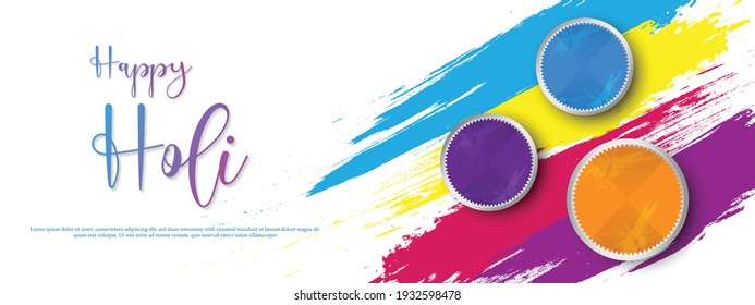 Happy holi festival vector illustration banner template with holi powder color bowls on multicolor background.