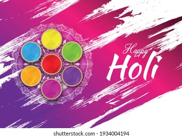 Happy holi festival vector illustration background with abstract bowls of colored powder.