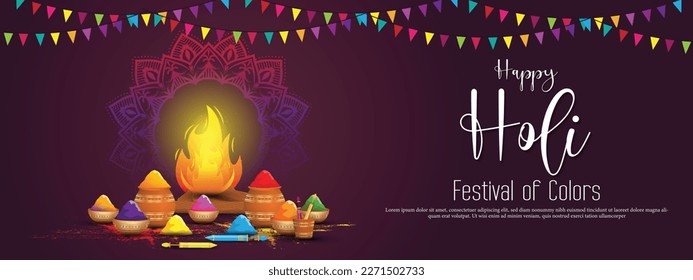 Happy holi festival vector illustration banner template with holi powder color bowls on multicolor background.