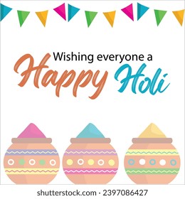 Happy holi festival. Vector Illustration of Holi Festival with colorful calligraphy. Creative banner of India Festival. Traditional pot and text Happy holi. Holi typography blue background