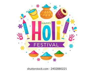 Happy Holi Festival Vector Illustration with Colorful Pot and Powder In Hindi in Colors Celebration Flat Cartoon Background Design