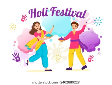 Happy Holi Festival Vector Illustration with Colorful Pot and Powder In Hindi in Colors Celebration Flat Cartoon Background Design