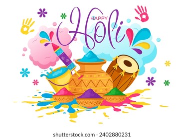 Happy Holi Festival Vector Illustration with Colorful Pot and Powder In Hindi in Colors Celebration Flat Cartoon Background Design