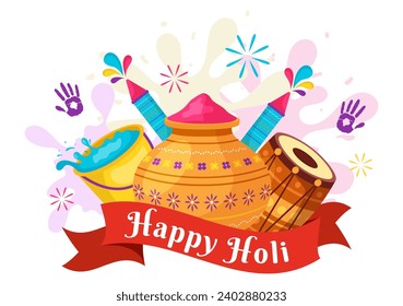 Happy Holi Festival Vector Illustration with Colorful Pot and Powder In Hindi in Colors Celebration Flat Cartoon Background Design