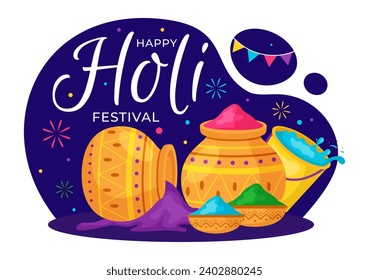 Happy Holi Festival Vector Illustration with Colorful Pot and Powder In Hindi in Colors Celebration Flat Cartoon Background Design