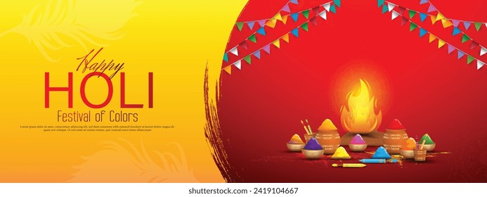 Happy holi festival vector illustration banner template with holi powder color bowls on multicolor background.