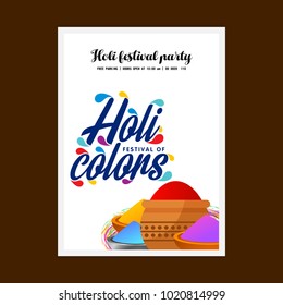 happy holi festival. white holi brochure having colorful holi elements, creative typography and sample text