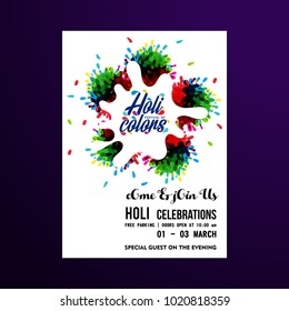 happy holi festival. white holi brochure including multicolors, creative typography and sample text