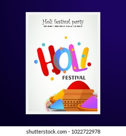 happy holi festival. white holi brochure having colorful holi elements, creative typography and sample text happy holi festival. white holi brochure having colorful holi elements, creative typography and sample text