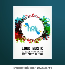 happy holi festival. white holi brochure having colorful watercolors, creative typography and sample text