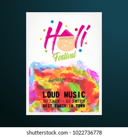 happy holi festival. white holi brochure having holi colors and creative typography with sample text