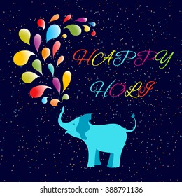 Happy Holi festive poster with an elephant spraying colorful water drops. Indian holiday vector illustration with creative bright grainy texture background. 
