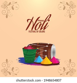 Feliz concepto de diseño plano de holi con olla de barro de color con tambor y pistola de color
