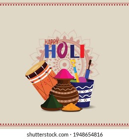 Happy-holi-flaches Design-Konzept mit farbigem Schlammtopf mit Trommel und Farbpistole