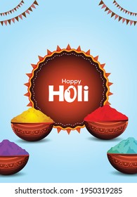 Happy holi flat design concept with color mud pot with drum and color gun
