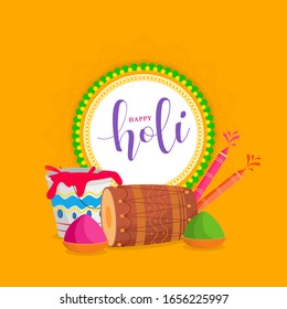 Happy Holi Font en Marco circular con tambor, armas de agua, cuencos de color y cubo de fondo amarillo.