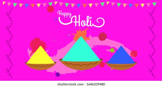 Happy Holi Greeting with bowls of colors and decorative elements