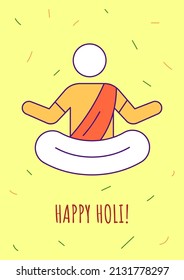 Happy holi greeting card with color icon element. Indian holiday. Postcard vector design. Decorative flyer with creative illustration. Notecard with congratulatory message on yellow