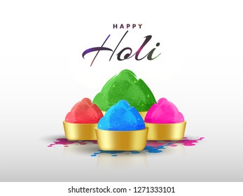Happy Holi greeting card design with golden bowls full of dry colours on white background.