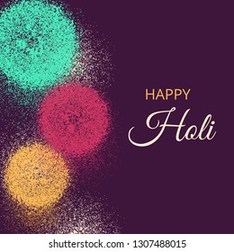 Happy Holi greeting card for Indian festival of colours. Colorful Splashes of powder on purple background