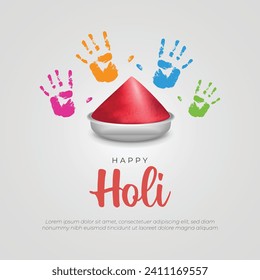 Happy Holi Greeting Card and Social Media Post. Holi Festival of Colors Celebration Flyer with Holi Colors and Hand Prints Vector Illustration