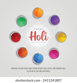 Happy Holi Grußkarte und Social Media Post. Holi Festival of Colors Celebration Flyer mit Happy Holi Text und Mandala Vektorgrafik