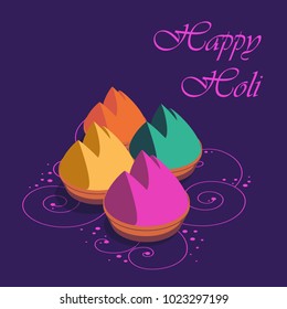 happy holi greeting card, holi wishes, greeting card of indian festival of colours.Bowls of colorful Holi powder. Vector illustration on purple background