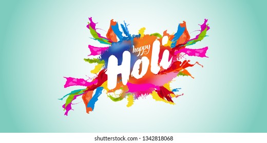 Happy Holi greeting with colorful background illustration.