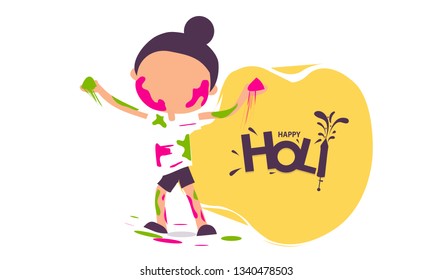 Happy Holi Greeting - Cute little Indian boy with colorful hands, isolated over white background - Image