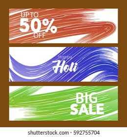 Happy Holi greeting new style text 50% offer sale  abstrac vector background, eps10