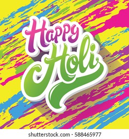 Happy Holi greeting. Spring festival of colors vector background with diagonal brush paint strokes in different colors: blue, yellow, pink and violet.