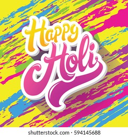 Happy Holi greeting. Spring festival of colors vector background with diagonal brush paint strokes in different colors: blue, yellow, pink and violet.