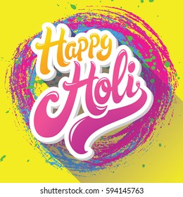Happy Holi greeting. Spring festival of colors vector background with rounded brush paint strokes in different colors: blue, yellow, pink and violet.