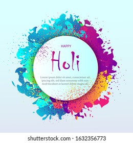 Happy Holi greeting vector background concept design element with realistic volumetric colorful Holi powder paint clouds and sample text. Blue, yellow, pink and violet powder paint