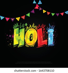 Feliz Holi saludo elemento de diseño de fondo vectorial con texto Holi colorido. 