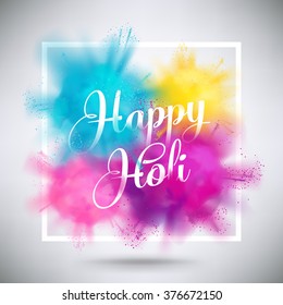 Happy Holi greeting vector background concept design element with realistic volumetric colorful Holi powder paint clouds and sample text. Blue, yellow, pink and violet powder paint 