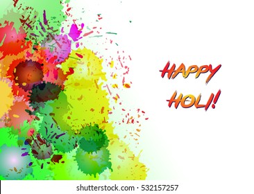 Happy Holi greeting vector background concept design element with realistic volumetric colorful Holi powder paint clouds and sample text. Indian festival Holi celebrations