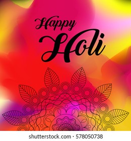 Happy Holi greeting vector background concept design element with realistic volumetric colorful Holi powder paint clouds and sample text. Red, yellow, pink and violet powder paint