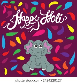 happy holi greetings card template design with colorful background and cute elephant under Happy Holi typography text.
