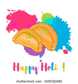 Happy Holi Gujiya traditional holi sweet colorful card, poster. Vector illustration. Color splashes and sweets cartoon flat style illustration