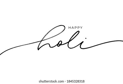 Happy Holi hand drawn vector lettering. Line style modern calligraphy with swooshes. Spring festival of colors vector lettering design. Handwritten pen calligraphy of Happy Holi on white background